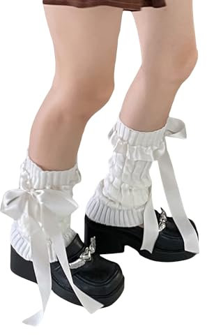 Himllauen Beinwärmer Lange Gestrickte Y2k Kawaii Stulpen Warm Beinstuplen für Damen Mädchen Knöchelwärmer Legwärmer Lange Socken (B Weiß 2, One Size)