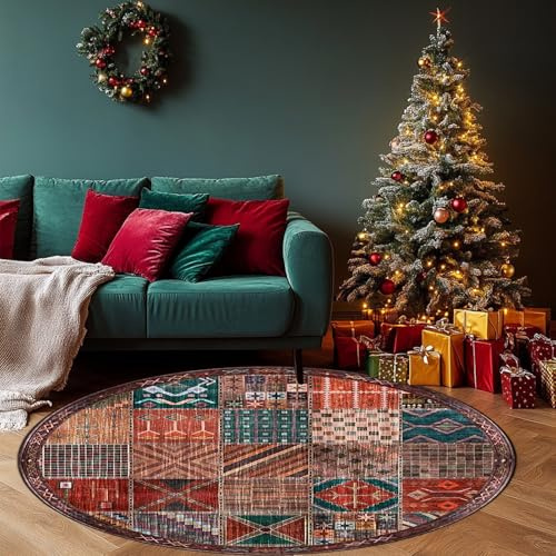 Grand Tapis Salon Rond, Round 200 cm, Vintage Motif Patchwork Rouge Rose Marron Orange Jaune Vert Bleu Contemporain Multicolore Designer Coloré Tapis Poils Ras
