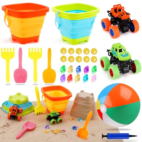 Echehi Sandspielzeug Set Für Junge Mädchen 30Stück, Sandkasten Spielzeug Strandspielzeug Mit Falteimer, 16-Zoll-Wasserball, Monster Truck, Edelsteine, Sommerspielzeug für drinnen und draußen