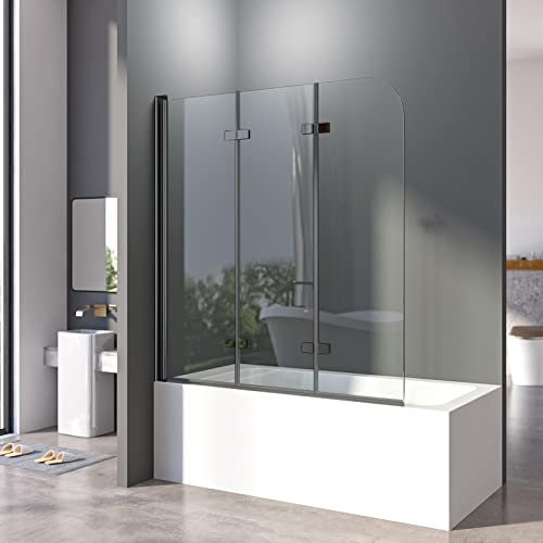 Duschwand für Badewanne 120 x 140 cm Schwarz Badewannenfaltwand 3-teilig Duschfaltwand für Badewanne aus Gehärtetem Sicherheitsglas mit NANO Beschichtung