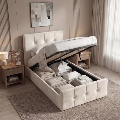 Blisswood Single Ottoman Bed with Mattress Included, 3ft Velvet Upholstered Bed Frame, Gas Lift End Opening Storage Bed, Space Saving Design, Wooden Slats, Metal Support UKFR Certified Mattress, Beige
