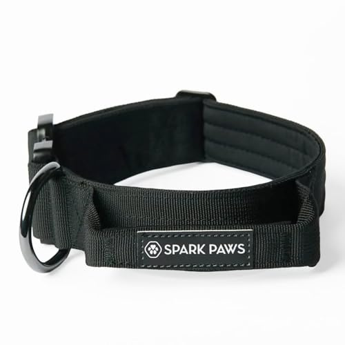 Spark Paws Taktisches Hundehalsband – strapazierfähig, Premium-Qualität, dick und langlebig für große und mittelgroße Hunde – Schwarz – L – 3,8 cm