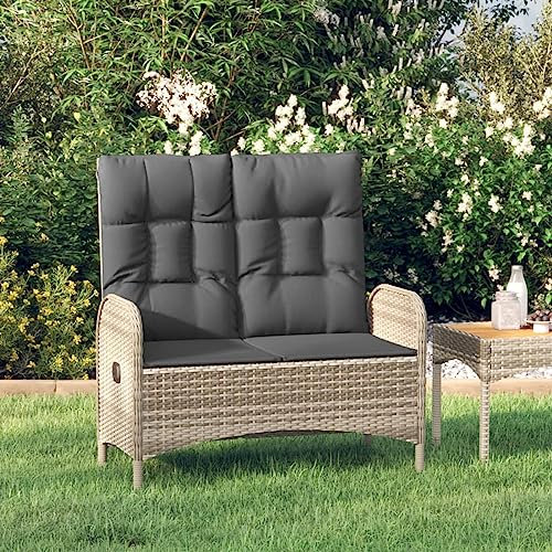 Homgoday Gartenbank Sitzbank mit Liegefunktion & Kissen Rattanbank Ruhebank Terrassenbank Balkonbank Bank mit Rückenlehne für Balkon Garten Terrasse 107 cm Poly Rattan Grau