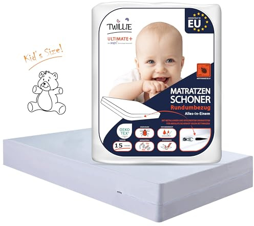 Twillie – Coprimaterasso integrale 60x120x15 cm impermeabile – Qualità superiore – Anti cimice – Oeko-TEX® - con il trattamento AEGIS® Antiacaro, antibatterico –Fodera per materasso prodotto nell'UE