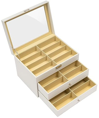 YISSALE Brillenbox zur Aufbewahrung Sonnenbrillen Organiser mit 3-Schublade 24-Slot Weiße PU Gläser Aufbewahrungs Organiser für Anzeige Uhr Schmuck Brille