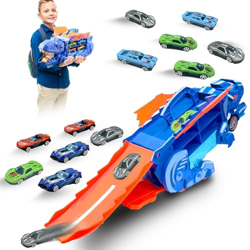 Felicify Juguetes Camiones de Dinosaurios con 12 Coches, Portátil con Pista de Eyección, Juguetes para Niños Azul