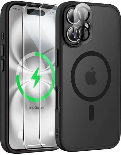 ORETECH für iPhone 16 Plus Hülle mit 2 Schutzfolie, Matt Schwarz | Kameraschutz,Kompatibel mit Mag Safe,Stoßfest Kratzfest Transluzente Rückseite Handyhülle für iPhone 16 Plus