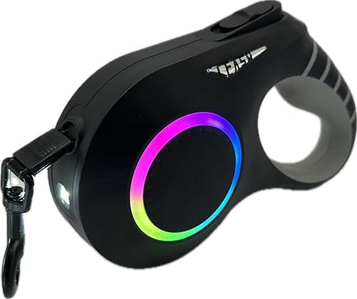Correa Extensible Perro Que Facilita Tus Paseos Nocturnos. Retráctil Sin Enredos, con Luces led y Linterna, Cinta de Nylon Resistente, Bloqueo de Pausa con una Mano, Color Negro