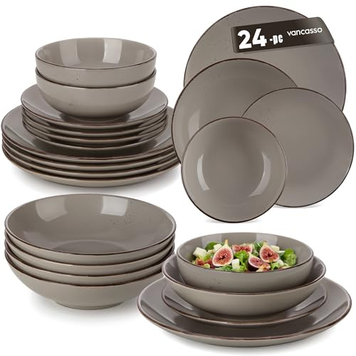 Geschirrset 6 Personen, vancasso Navia 24-tlg Geschirr set, Tafelservice aus Steingut, Vintage Geschirrsets mit Speiseteller, Dessertteller, Schüsseln und Suppenteller