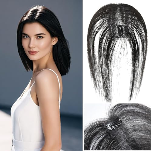 Haaraufsatz für Frauen mit dünner werdendem Haar, 25 cm, Echthaar-Toupet mit 2 Clips, transparent, volle Spitze, Mono-Basis, handgebundene Perücke (Mittelteil Pony, braun)