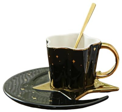 HUMOCHUSON Quy Cup Mug Set Di Tazzine Da Caffè E Piattini In Ceramica Da 120 Ml Con Stella E Luna Dipinte In Oro - Nero