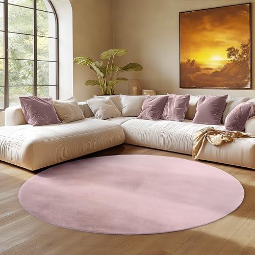 SIMPEX Runder Teppich Rosa 120 cm Waschbarer Kurzflor Teppich, rund, rutschfest & weich, modernes einfarbiges Design für Wohnzimmer, Schlafzimmer, Küche & Kinderzimmer.