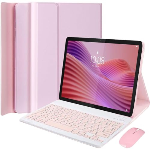 HEKUEUN Funda con Teclado para Lenovo Tab de 10.1 Pulgadas 2025 Versión (TB-311FU/TB-311XU), Español Ñ Teclado Inalámbrico Bluetooth Desmontable, Funda Ultrafina Multiángulo con Ratón,Rosado