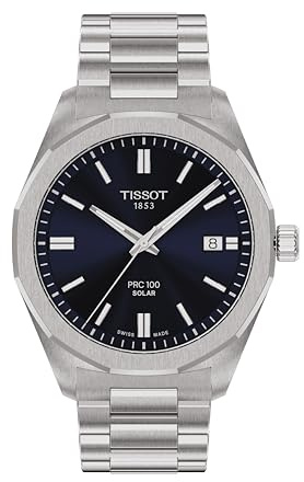 Tissot PRC 100 Solar, Blue Dial, 39mm Watch for Men, Silver Stainless Steel Bracelet, Solar Quartz Movement, T1514221104100