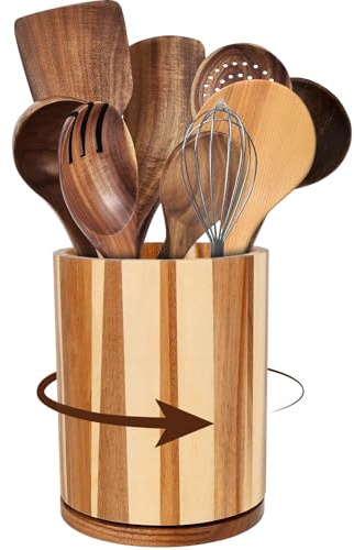 VAVPUP Utensilienhalter,360° drehbarer Kochutensilienhalter aus Holz,Wasserdichter Besteckhalter,Vielseitigkeit Aufbewahrungsregal für Arbeitsplatte,Bietet Platz für 10–15 Küchenutensilien