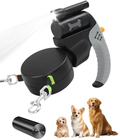 Laisse Rétractable Double Chiens 3m, Anti-Enchevêtrement 360°, Poignée Anti-Dérapante en ABS, Corde Réfléchissante, Boîtier Cylindrique pour Sacs Hygiéniques, Avec Lampe Torche LED, Pour Chiens Moyens