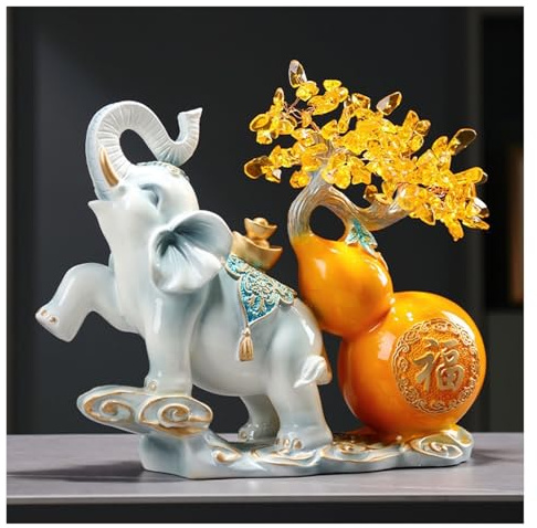 KXQYIKYI Kristall-Geldbaum, Citrin-Kristall-Geldbaum auf Goldener Elefantenkürbis-Statue, großer Edelstein-Bonsai-Baum, Feng Shui Citrin-Geldbaum für Reichtum, Positive Energie, Leben zu Hause, gelb