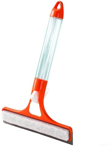 Outil de nettoyage de fenêtre tout-en-un avec raclette en silicone, pulvérisateur d'eau intégré, grattoir et éponge pour un nettoyage rapide du verre et du nettoyage (orange)