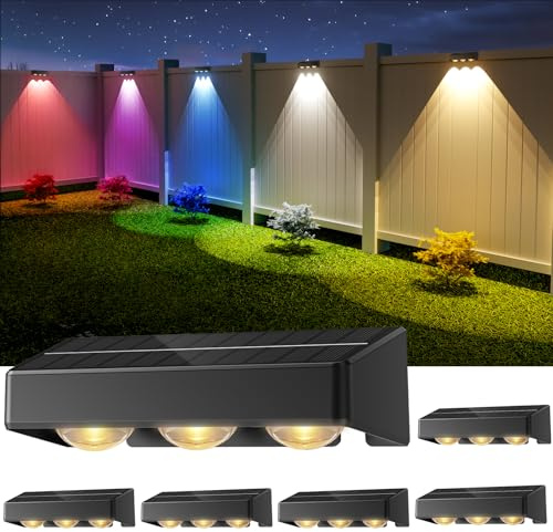 NIORSUN Solar Fence Lights,6 Pack Solars Deck Light,RGB Color,Outdoor Bulb Waterproof Led IP65,Power Patio Lamp with Lenses for Outside/Backyard/Railing/Yard(Black)