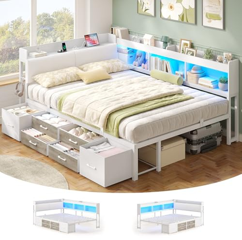 AOGLLATI Polsterbett Schlafsofa 140x200 mit Stauraum Jugendbett mit 6 Staufächern & 6 Schubladen Bett 140x200 mit LED-Beleuchtung & Ladestation,Tagesbett mit Gepolstertem Kopfteil(Weiß, 140x200cm)