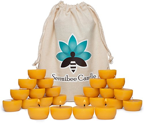 Bienenwachs Teelichter Kerzen rein, handgegossene Nachfüllungen mit wiederverwendbaren Glas-Kerzenhaltern in Bio-Baumwolle Geschenkbeutel, umweltfreundliches Geschenk-Set (24)