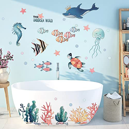 WandSticker4U®- XXL Aquarelle Wandtattoo UNTERWASSERWELT Kinderzimmer (141x118 cm) I Wandsticker Badezimmer Fliesen Fische Wal Schildkröte Seepferdchen I Wand Deko Bad Junge & Mädchen GROSS
