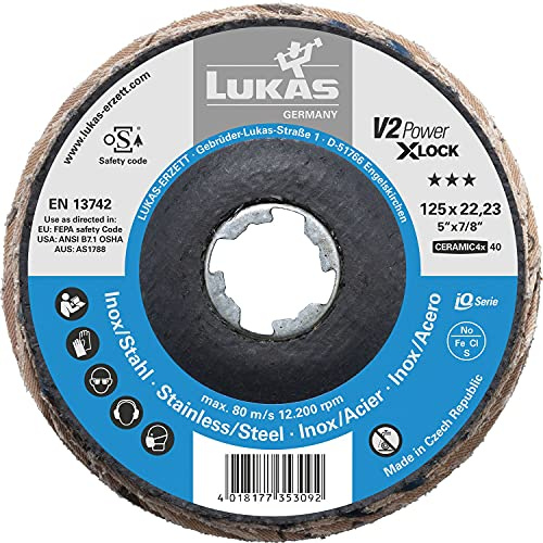 LUKAS - Disco lamellare V2 Power, Ø 125 mm, in ceramica, grana 40, per smerigliatrice angolare X-Lock, piatto