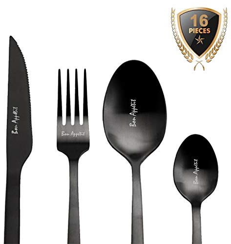 Zinello Design - Besteckset aus Edelstahl für 4 Personen, personalisierbar, 16-teilig, Edelstahl Bon Appetit, Präsentations-Geschenkbox