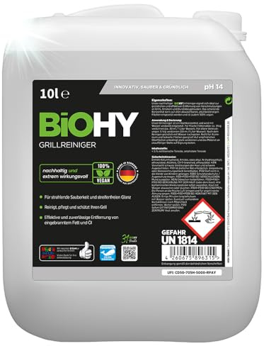 BiOHY Grillreiniger (10 Liter Kanister) | Reiniger für Holzkohle-, Gas- und Elektrogrill | Hocheffektiv gegen angebranntes Fett und Öl | Pflegt und schont das Material | Veganes Bio Konzentrat