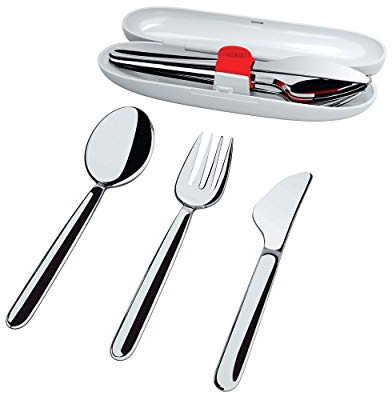 Alessi, Food à Porter SA04S3 G, Reisebesteck: Löffel, Gabel, Messer aus Edelstahl 18/10. Etui aus thermoplastischem Harz, grau.