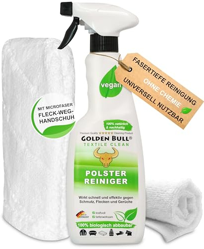 Golden Bull® Polsterreiniger für Sofa & Auto Set [STARK - VEGAN - OHNE CHEMIE] Natürlicher Polster Reiniger 500ml mit Reinigungshandschuh und Tuch - Couch Reiniger & Fleckenentferner aus DE