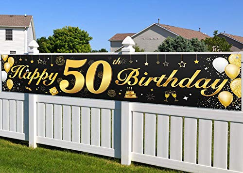50. Geburtstagsfeier Dekorationen Banner für Männer und Frauen, wesentliche Dekoration für 50. Geburtstagsfeier, Lange Größe Schwarz und Gold 50. Geburtstag Banner 210 × 40 cm (82,7 × 15,7 Zoll)
