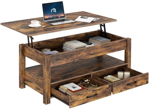 Rolanstar Couchtisch Höhenverstellbar mit 2 Schubladen & Stauraum, Leicht Anzuheben, Wohnzimmertisch mit Verstecktem Fach, Kaffeetisch für Wohnzimmer, Vintagebraun