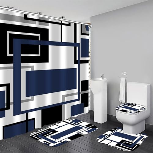 Yddsky 4 Pcs Blue Geometric Shower Curtain Sets with Rugs Blue Bathroom Sets with Shower Curtain and Rugs Modern Bathroom Curtains Shower Set with Toilet Lid Cover for Bathroom Decor Accessories