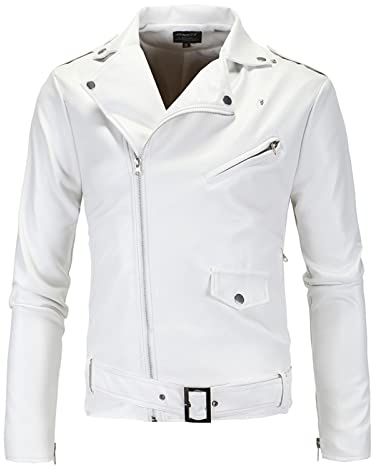 DDBAKT Herbst Pullover Herren Slim Weiß Lederjacken Schräg Reißverschluss Motorradjacken Neu Männer Outwear Moto Biker Ledermäntel Größe 4XL, weiß, XL