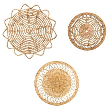 MSUIINT Juego de 3 cestas planas de mimbre redondas bohemias, hechas a mano, decoración de pared colgante de ratán