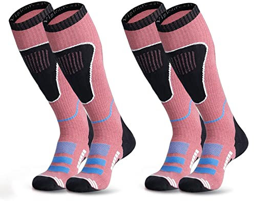 visionreast 2 Paar Skisocken Herren & Damen Merino Wollsocken Atmungsaktive Skistrümpfe Kompressionsstrümpfe Kniehoch für Wintersport, Snowboard Thermosocken Rosa XL