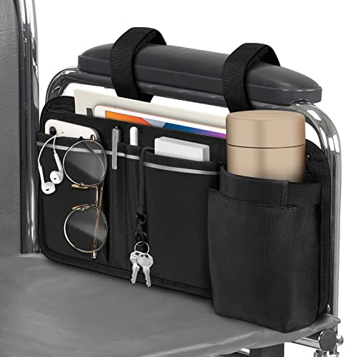FINPAC Rollstuhltasche für Armlehne - Rollstuhlsack mit Flaschenhalter reflektierenden Streifen Rollstuhl Tasche für Walker, Mobility Scooter, Rollatoren, (Schwarz)