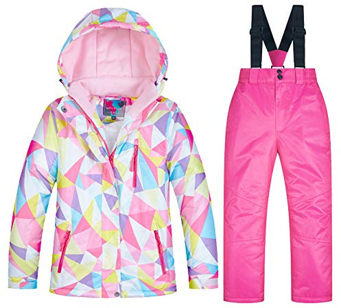 YFPICO Ensemble de Ski Enfant Fille Garçon Veste de Ski Snow avec Salopette Matelassé Combinaison de Ski Neige Snowboard Imperméable Coupe-Vent, 9-10 Ans/Stature 145cm