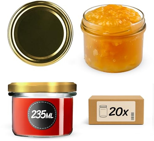 KADAX Uppsättning med 20 syltburkar 235 ml TO82 guld, konserveringsburkar masonburk med skruvlock, lufttäta skruvglas, honung och sylt