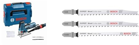 Bosch Professional Stichsäge GST 160 CE (inkl. Absaugadapter, Spanreißschutz, 3x Stichsägeblätter) + 3x Stichsägeblatt Set Expert ‘Wood 2-Side Clean‘ (Sperrholz, Massivholz-Möbelplatte, Länge 117 mm)