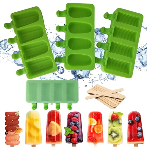 Eisformen Silikon Formen,Stieleisformen,3 Stück12 Eis mit 50 Holzstäbchen BPA Frei Kuchen Eis am Stiel Backform, Popsicle Molds Set,Eiscreme form-Cake Pop Ice Lolly Mould Eis Selber Machen Dessertform