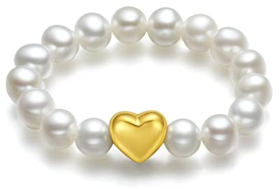 ZHOU LIU FU 18K Gold Echte Süßwasserperle Stretch Ringe 750er Gelbgold Herz Charm Weiße Perlen Beaded Ringe Schmuck für Damen Mutter Braut Geschenke Hochzeit Geburtstag Jahrestag