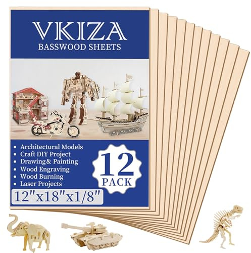12 Pack Basswood Sheets for Crafts 12x18x1/8 Inch, 3mm Thick Unfinished Plywood for Laser Cutting & Engraving, DIY Ornaments and Architectural Model