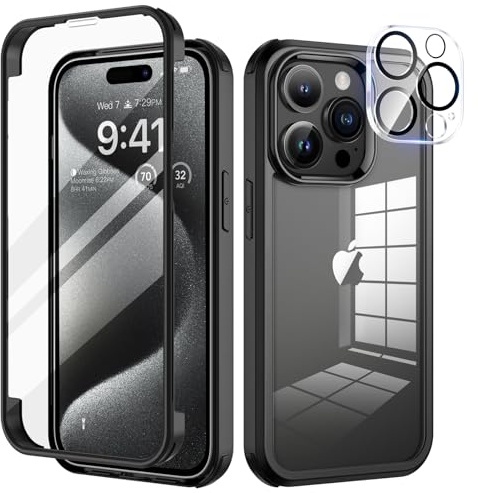 seacosmo for iPhone 15 Pro Max Case with Tempered Glass Protector, Black | Full Body Shockproof Protection Armour Cover, Camera Lens Protector, Slim Fit Bumper Dual Layer Protective Rugged Phone Case