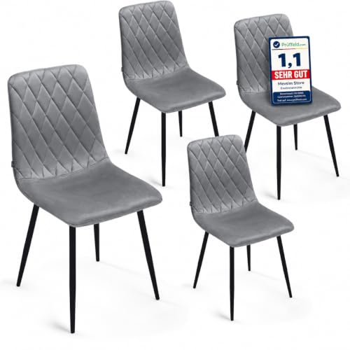 Mevsim Store Esszimmerstühle 4er Set Grau – Samt Gepolstert mit Rautensteppung – Stühle Esszimmer Modern & Bequem – Küchenstühle mit Metallbeinen Schwarz – Essstühle für Küche & Wohnzimmer
