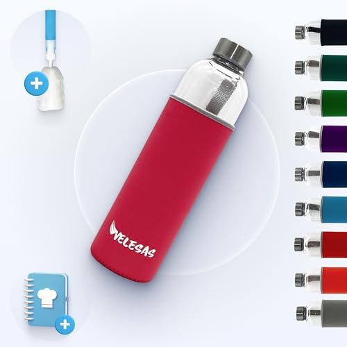 Velesas® Trinkflasche 1l | 500ml mit Schutzhülle | Glasflasche 1l spülmaschinenfest mit Neoprenhülle und Edelstahldeckel | Wasserflasche für Schule, Arbeit, Fitnesssport, BPA-Frei | Rosa