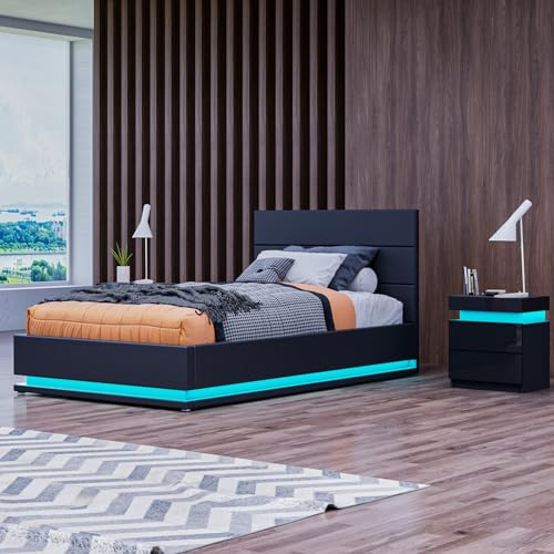 Bed Frame, 3FT Ottoman Bed with LED Light, Gas Lift Bed Bed Frame with Storage, Faux Leather Single Bed for Bedroom Living Room Home Furniture, Black