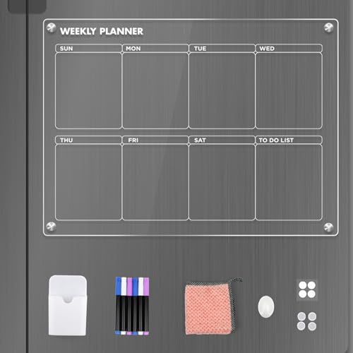 Wochenplaner Magnetisch 40cmx30cm, Abwischbarer Magnettafel Kühlschrank Kalender für Menüplanung und Einkaufsliste, Haus, Büro, Schule, Klar