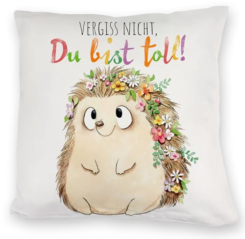 speecheese Igel Kuschelkissen mit Spruch Vergiss Nicht Du bist toll Bunt Fröhlich Blumen-Design Wertschätzendes Freund-Geschenk für Geburtstag Überraschung